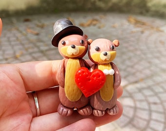 Paar Otter liefdescadeaus / Zoete kerst Otter vriendjes / Verjaardag Gift klei Rivier otter sculptuur / Miniatuur Otter haar / Minnaar zee Otter