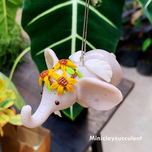 Elephant sunflower toy, Hanging lucky clay elephant art gift, Elephant for mom, Birthday Elephant gift her, Animal Car charm rearview mirror