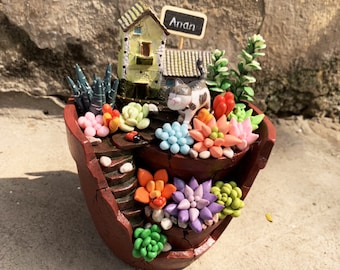 Personalized fairy garden Succulents gifts, Christmas succulent favor mini house, Birthday Gifts plant her, Unique Gifts Cat planter lover