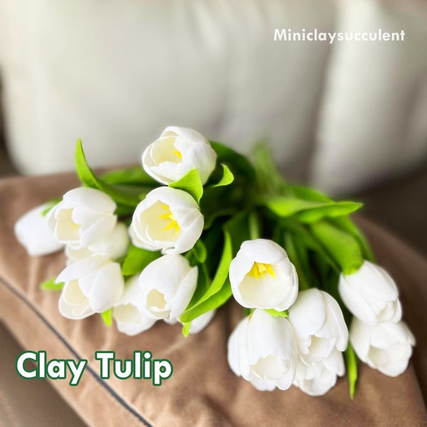 Handmade Polymer Clay Tulip, White Wedding Bouquets, Bridal Bouquet, Anniversary gifts wife, Birthday gifts her, DIY handmade flowers tuplip