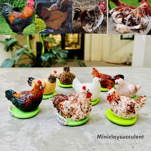 May include: A collection of miniature ceramic chickens in various colours and patterns, including brown, white, and black. The chickens are sitting on green bases and are arranged on a light grey surface. The text "Miniclaysucculent" is visible in the bottom right corner of the image.