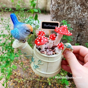 Terrarium garden Mushroom bird decor, clay mushroom, tiny Mushrooms plant, Garden gifts for friend, magic forest, Handmade Red Mushroom