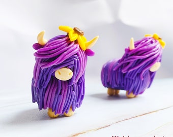 Funny purple Highland Cow, Miniature Scottish highland cow gifts, Handmade highland cow her, Flowers cow decor, Birthday Cow gifts, Cow idea