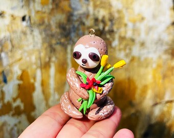 Handmade Clay Sloth hug flowers, Christmas Sloth toy, Unique Sloth gifts, Sweet gifts for couple, Birthday gifts for lovers, Valentine craft