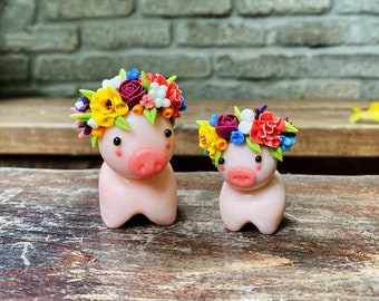Flores de cerdo de arcilla hechas a mano, juguete de mamá bebé cerdita, adorno de mini cerdo, regalo único para el día de la madre, cerdito divertido, escultura de mamá bebé animal, gran amante