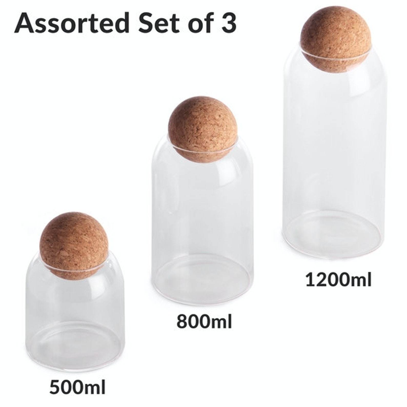 Assorted Cork Ball Lid Glass Storage Jars Set of 3 Etsy
