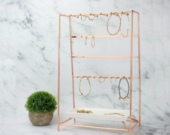 Rose Gold Jewellery Stand with Ceramic Dish | Necklace Bracelet Ring Organiser