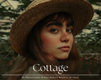 May include: A woman wearing a straw hat with a wide brim, looking off to the side. The image is titled "Cottage" with the text "30 Professional & High Quality Presets 14 Tools Mobile & Desktop" below.