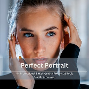 May include: A close-up of a woman's face with blue eyes and freckles. The text "Perfect Portrait" is displayed, along with details about professional presets and tools for mobile and desktop use.
