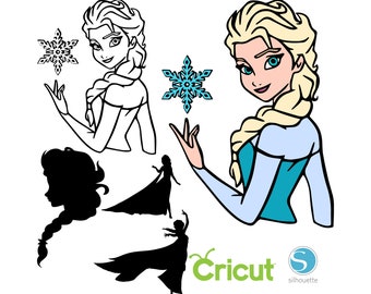 May include: A black and white line drawing of a woman with long blonde hair holding a blue snowflake. The woman is wearing a blue dress with a white collar. The image also includes a silhouette of the woman and a snowflake.