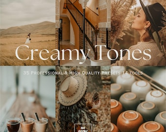 May include: A set of 35 Lightroom presets and 14 tools for photo editing, called "Creamy Tones". The presets are designed to create a warm, creamy, and vintage look for photos. The image shows a variety of photos that have been edited with the presets, including a couple walking in a field, a woman in a hat, and a close-up of a cup of coffee.
