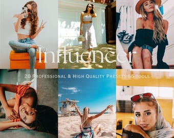 May include: A collage of six lifestyle photos with a white text overlay that reads "Influencer". The photos feature women in various settings, including a beach, a city street, and an interior space. The text "20 PROFESSIONAL & HIGH QUALITY PRESETS 55 TOOLS" is also present.