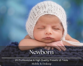 20 Newborn Lightroom-presets en 15 tools. Professionele desktop- en mobiele filters.