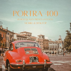 May include: A vintage red sports car with a black license plate is parked on a cobblestone street. The car is in front of a European city with buildings and people. The image has the text "PORTRA 400" and other text.