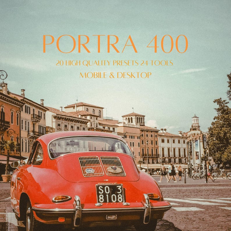 May include: A vintage red sports car with a black license plate is parked on a cobblestone street. The car is in front of a European city with buildings and people. The image has the text "PORTRA 400" and other text.