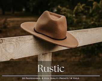 May include: A brown felt cowboy hat with a black band sits on a wooden fence. The text "Rustic" is below the hat, along with the text "20 Professional & High Quality Presets 14 Tools Mobile & Desktop".