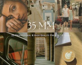 May include: A collage featuring a woman, a European street scene, a couple, a vintage car interior, a building facade, and a latte. The text "35 MM" and "25 PROFESSIONAL & HIGH QUALITY PRESETS 15 TOOLS" are also visible.