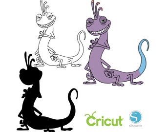 May include: Three different versions of a cartoon lizard character. The first is a black silhouette, the second is a white outline, and the third is a purple lizard with a blue tail.
