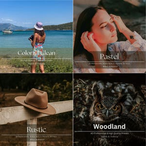 May include: A collage of four images with text overlays. The images include a person by the sea, a person with their hands near their face, a hat on a fence, and an owl. Text includes "Colorful Clean", "Pastel", "Rustic", and "Woodland".
