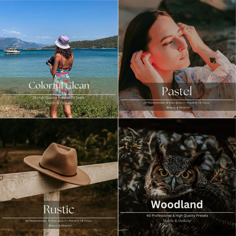 May include: A collage of four images with text overlays. The images include a person by the sea, a person with their hands near their face, a hat on a fence, and an owl. Text includes "Colorful Clean", "Pastel", "Rustic", and "Woodland".