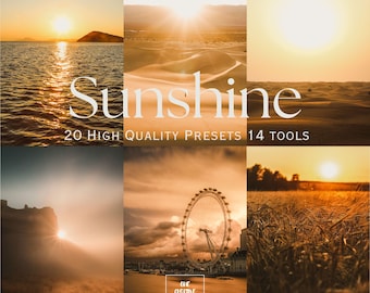 May include: A collage of six images with a warm, golden color scheme. The word "Sunshine" is displayed in large white text. The text "20 HIGH QUALITY PRESETS 14 TOOLS" is also visible. The images depict various landscapes, including a sunset over water and desert dunes.