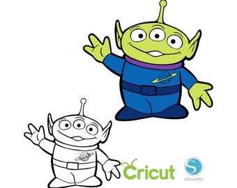 May include: A green alien with three eyes, wearing a blue spacesuit with a planet logo, waves with one hand. A black and white outline of the alien is also shown.