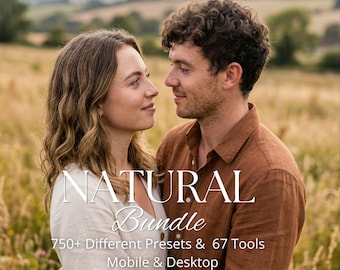 May include: A person with wavy brown hair wearing a cream-colored top and a person with curly brown hair wearing a brown button-down shirt. Text reads: NATURAL Bundle 750+ Different Presets & 67 Tools Mobile & Desktop.