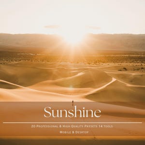 20 ajustes preestablecidos de Lightroom Sunshine y 14 herramientas. Filtros profesionales para escritorio y dispositivos móviles.