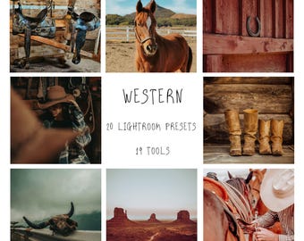 May include: A collage of images with a Western theme. Includes a horse, cowboy boots, a saddle, a steer skull, and a landscape. The text "WESTERN" is displayed, along with "20 LIGHTROOM PRESETS" and "19 TOOLS".