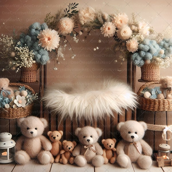 Teddy Bears Newborn Digital Backdrop, Newborn Digital Background, Newborn Composite Photography Studio, Spring Digital Photo Prop