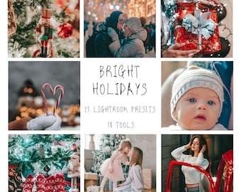 May include: A collage of holiday-themed images, including a nutcracker, a couple embracing, a wrapped gift, a baby, candy canes, and children. Text reads "Bright Holidays, 25 Lightroom Presets, 58 Tools."