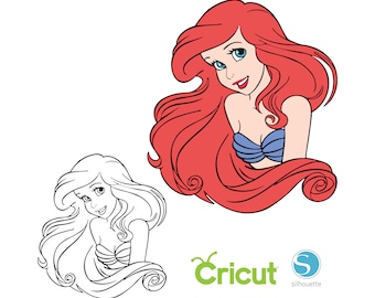 May include: A line drawing of Ariel, the Little Mermaid, with long red hair and a blue seashell bra. The image is in black and white, with the exception of Ariel's hair, which is red.
