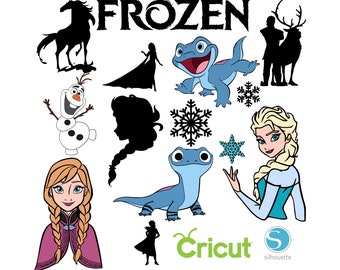 May include: A set of Frozen themed SVG cut files for crafting projects. The set includes images of Elsa, Anna, Olaf, Kristoff, Sven, and the characters from Frozen II. The text "FROZEN" is also included in the set.