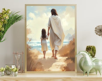 Jesus Christus geht mit Kindern, mit Christus gehen, Bibel Kunst zum ausdrucken, christliche Kunst, Jesus Gemälde Sternennacht, digitaler Download