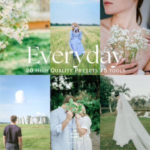 Puede incluir: Un collage de imágenes con una estética suave y natural. La palabra "Everyday" se muestra en texto blanco grande. El collage incluye imágenes de una persona en un campo, una persona sosteniendo flores y una pareja besándose.