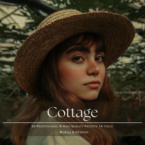 May include: A woman wearing a straw hat with a wide brim. The image has the word "Cottage" in white text, along with text about presets and tools for mobile and desktop use. The woman has long brown hair and freckles.