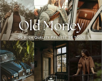 May include: A collage featuring images with a vintage aesthetic. The central text reads "Old Money," with the subtext "35 High Quality Presets 16 Tools." The images include a classic car, a person in a blazer, and interior shots.