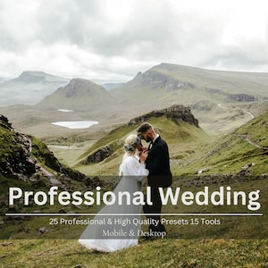May include: A couple embraces in front of a scenic mountain backdrop. The image features the text "Professional Wedding" with additional text below. The bride wears a white dress and flower crown, while the groom is in a black suit.
