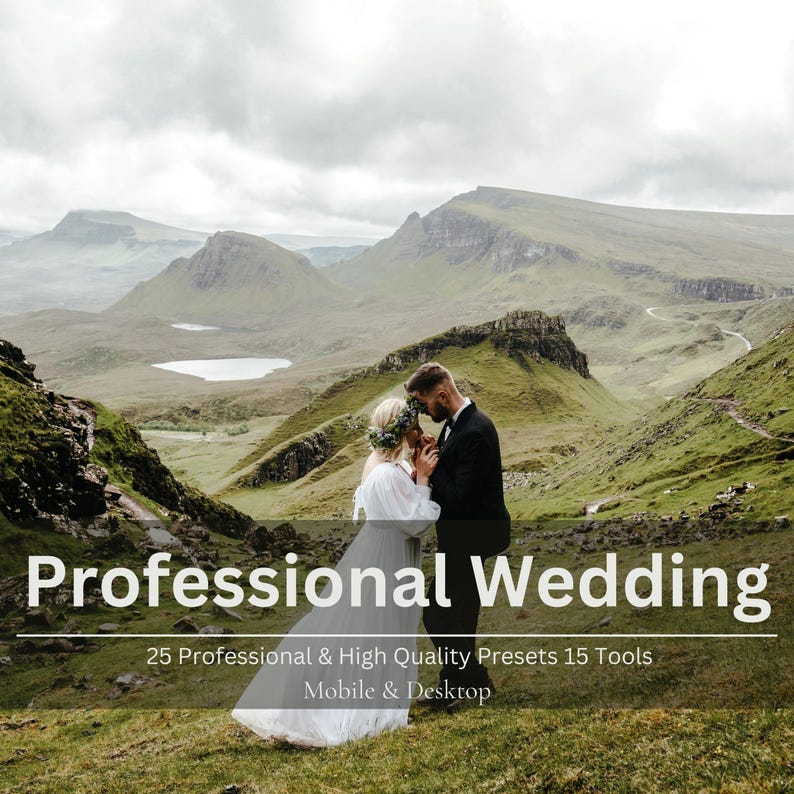 May include: A couple embraces in front of a scenic mountain backdrop. The image features the text "Professional Wedding" with additional text below. The bride wears a white dress and flower crown, while the groom is in a black suit.