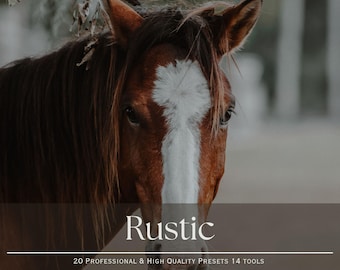 May include: Close-up of a brown and white horse with a white star on its forehead. The horse is looking directly at the camera. The background is blurred and out of focus. The text "Rustic" is displayed in white on a dark brown background. Below the text is the phrase "20 Professional & High Quality Presets 14 Tools Mobile & Desktop".