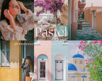 May include: A collage of images with a pastel aesthetic. Includes a woman, flowers, buildings, and text that reads "Pastel", "25 Professional & High Quality Presets 15 Tools". The images have soft colors and a dreamy feel.
