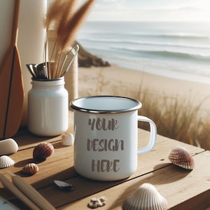 White Enamel Camping Cup, Mug Coffee Cup Mockup, Beach background, PNG Digital Download