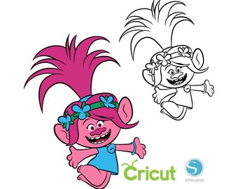 May include: A pink and blue cartoon troll with a big smile and a flower crown. The troll is jumping and has her arms outstretched. The image includes the text "Cricut" and a silhouette logo.