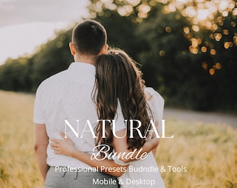May include: A couple embraces in a field of golden wheat, with the text "NATURAL Bundle" overlaid. The image has a warm, soft focus, with the sun setting in the background. The text also includes "Professional Presets Bundle & Tools" and "Mobile & Desktop".