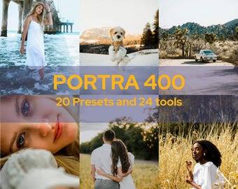 Puede incluir: Un collage de imágenes de estilo de vida con una estética vintage y cálida. Las imágenes incluyen a una mujer con un vestido blanco en el océano, un perro en un paisaje nevado, un coche en una carretera desértica, un primer plano de un rostro, una pareja y una mujer en un campo. Texto: "PORTRA 400 20 Presets and 24 tools."