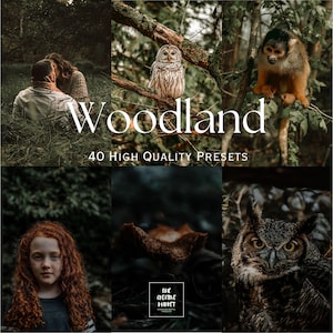 Puede incluir: Un collage de imágenes con temática de bosque. La palabra "Woodland" se muestra en texto blanco grande. Las imágenes incluyen una pareja, un búho, un mono, una niña, una seta y un búho. El texto en la parte inferior dice "40 HIGH QUALITY PRESETS".