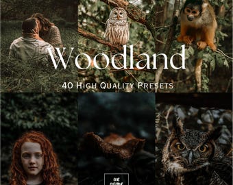 May include: A collage of woodland-themed images. The word "Woodland" is displayed in large white text. The images include a couple, an owl, a monkey, a young girl, a mushroom, and an owl. Text at the bottom reads "40 HIGH QUALITY PRESETS".