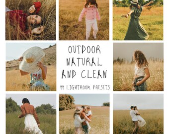 May include: A collage of nine images featuring outdoor scenes with people in fields. The text "OUTDOOR NATURAL AND CLEAN" is displayed, along with "99 LIGHTROOM PRESETS". The images have a warm, natural color palette.