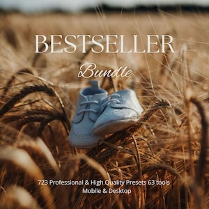 May include: A pair of baby shoes in light blue with white laces, resting on wheat stalks. The image has the text "BESTSELLER Bundle" and additional text at the bottom: "723 Professional & High Quality Presets 63 tools Mobile & Desktop."