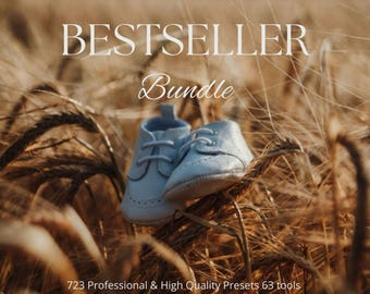 May include: A pair of baby shoes in light blue with white laces, resting on wheat stalks. The image has the text "BESTSELLER Bundle" and additional text at the bottom: "723 Professional & High Quality Presets 63 tools Mobile & Desktop."